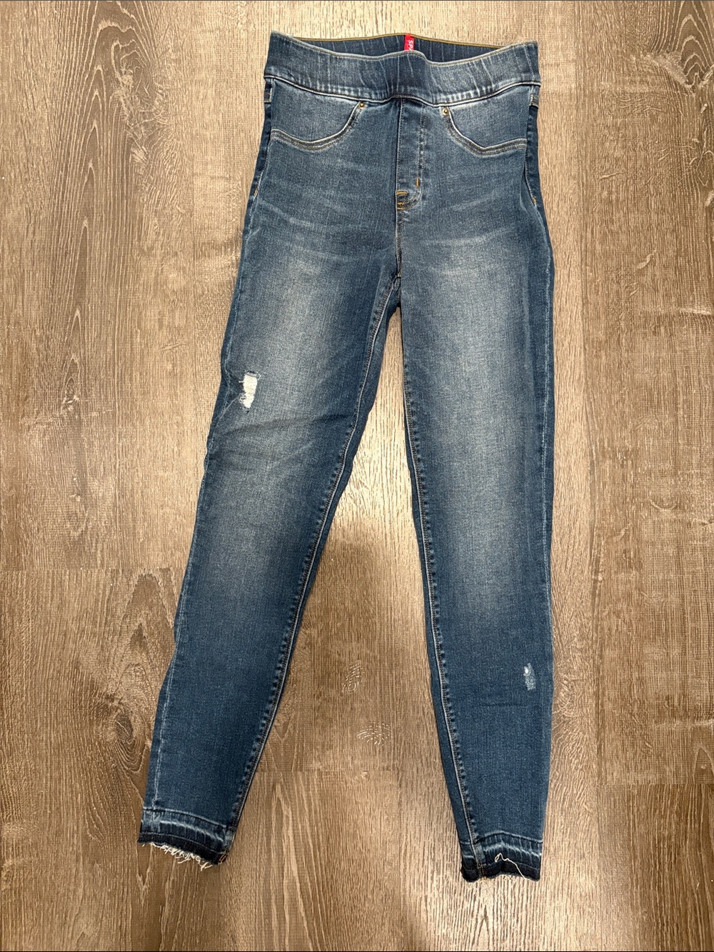 SPANX Medium Blue High-Rise Jeggings with Subtle Distress